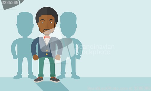 Image of Black businessman standing straight with his shadows.