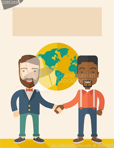 Image of American and black guy happily handshaking.