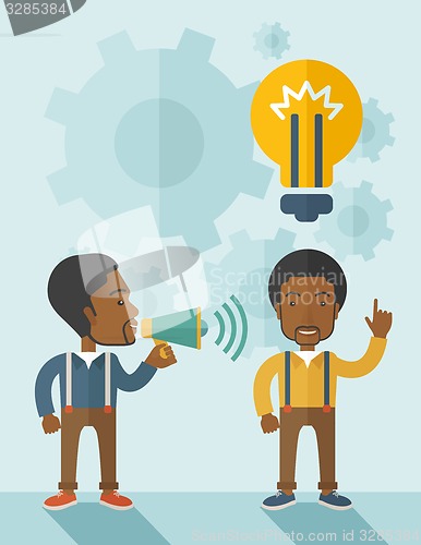 Image of Black guys with megaphone and bulb on top of head.