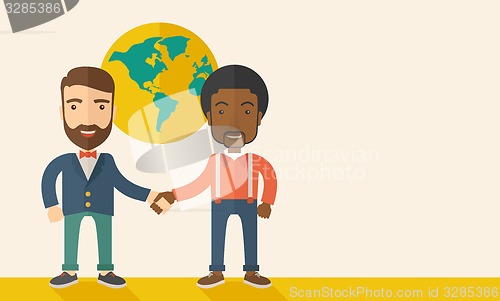 Image of American and black guy happily handshaking.