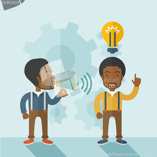 Image of Black guys with megaphone and bulb on top of head.