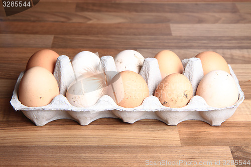 Image of fresh eggs with chicken feather