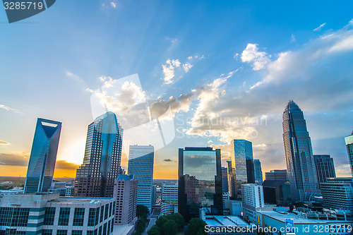 Image of sunset over charlotte city skyline of north carolina