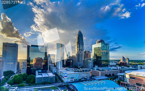 Image of sunset over charlotte city skyline of north carolina