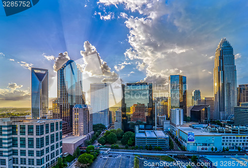 Image of sunset over charlotte city skyline of north carolina