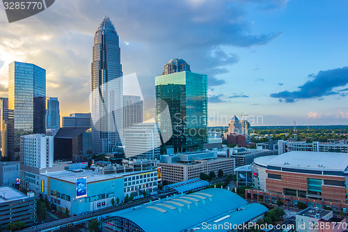 Image of sunset over charlotte city skyline of north carolina