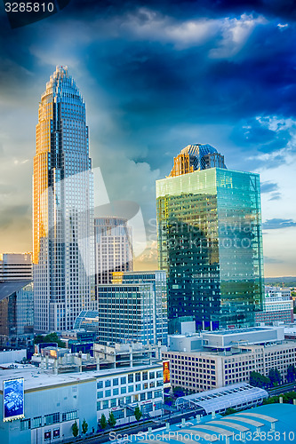 Image of sunset over charlotte city skyline of north carolina