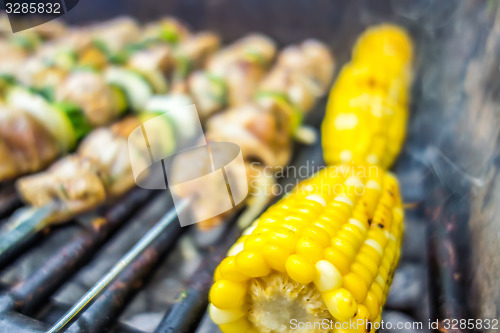 Image of steak shishkabob skewers with vegitables cooking on flaming gril