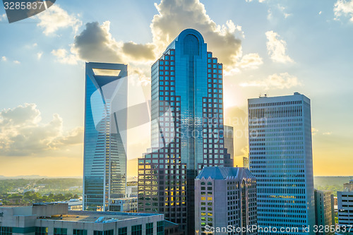 Image of sunset over charlotte city skyline of north carolina