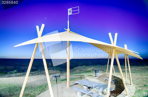 Image of picnic area in texas with gazebo overlooking canyon after sunset