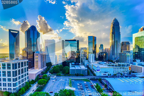 Image of sunset over charlotte city skyline of north carolina