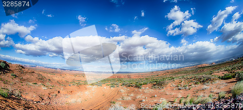 Image of panorama of a valley in utah desert with blue sky