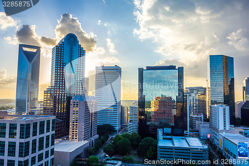 Image of sunset over charlotte city skyline of north carolina