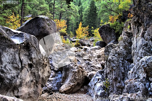 Image of stream in  mountains in autumn