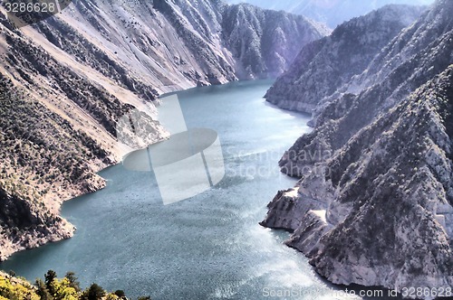 Image of Reservoir hydropower plants in the mountain gorge