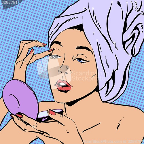 Image of Woman morning after a shower do makeup  style art pop retro