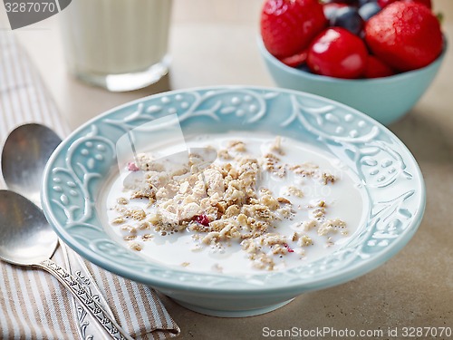 Image of healthy breakfast granola in a blue plate