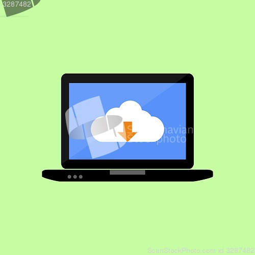 Image of Flat style laptop with cloud downloading