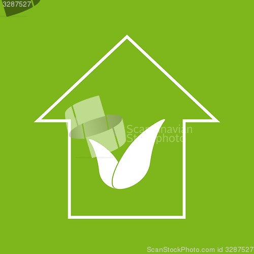 Image of Eco house with leaves. White on green