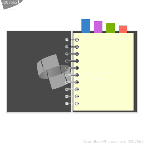 Image of Blank grey notebook with colorful bookmarks