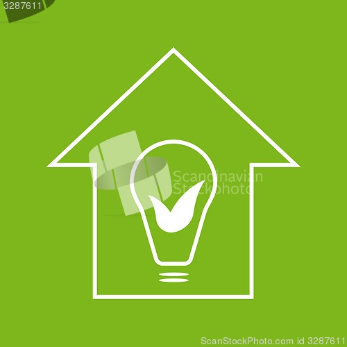 Image of Eco house with bulb and leaves. White on green