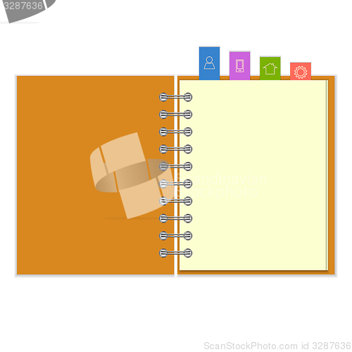 Image of Blank notebook with colorful information bookmarks