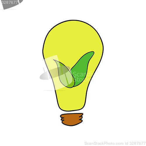 Image of Doodle style bulb with leaves as eco energy symbol