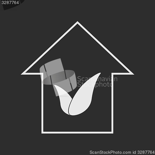 Image of Eco house with leaves. White on dark grey