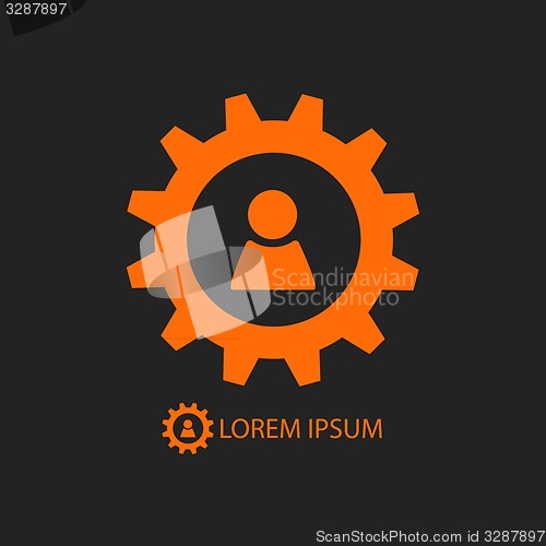 Image of Orange gear wheel and person sign as logo on black