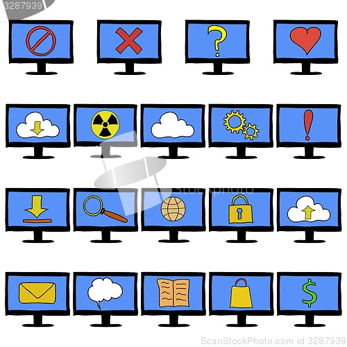 Image of Set of computer monitors showing different functions