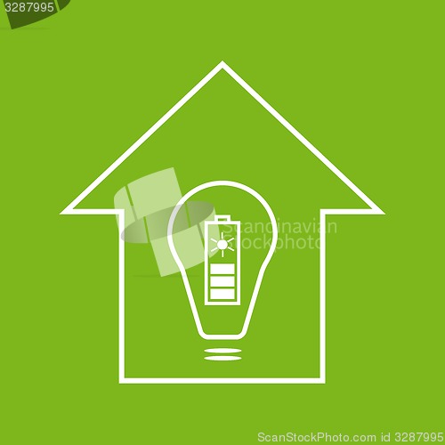 Image of Eco house with solar battery. White on green
