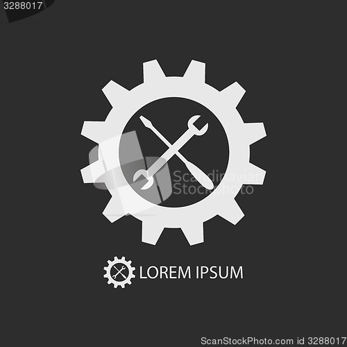 Image of White gear wheel and tools as logo on dark grey background