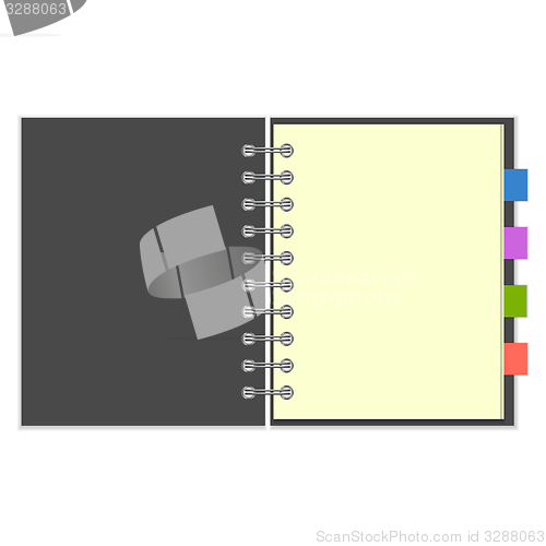 Image of Blank grey spiral notebook with colorful bookmarks