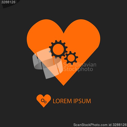 Image of Orange heart with gear wheels on black