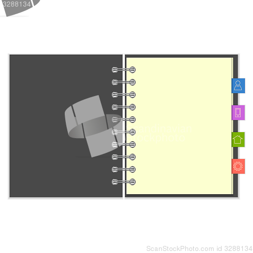 Image of Blank notebook with colorful information bookmarks