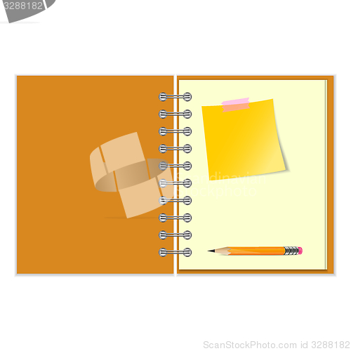 Image of Open notebook with yellow sticker and pencil