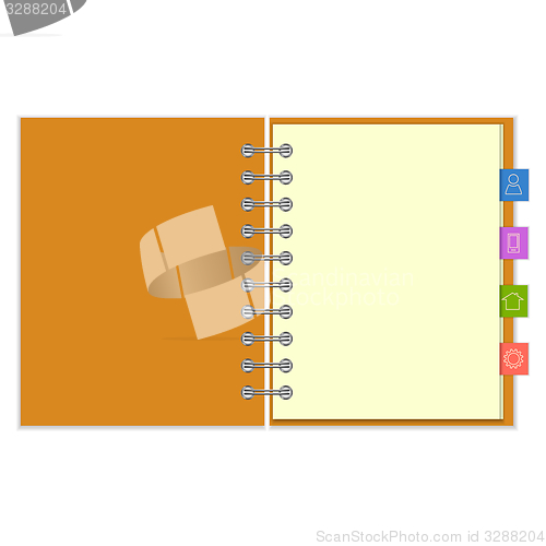 Image of Blank notebook with colorful information bookmarks