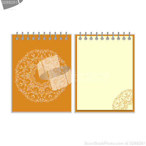 Image of Orange cover notebook with round ornate pattern