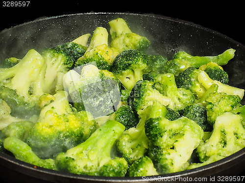 Image of Thawing frozen green broccoli in a hot fry pan