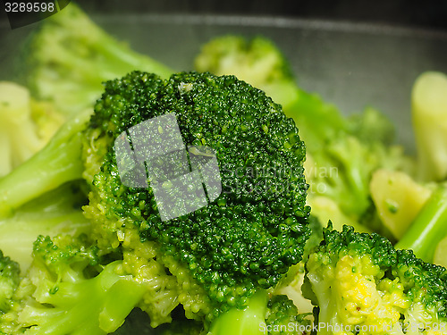 Image of Closeup of fresh steamed green broccoli in fry pan