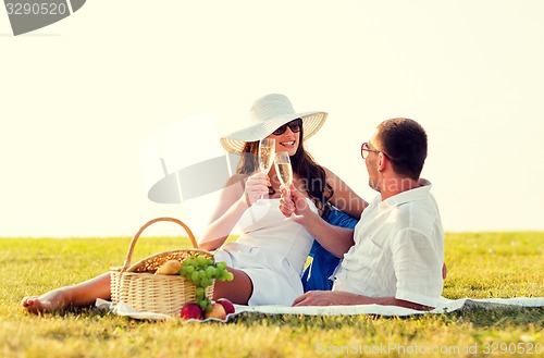 Image of smiling couple drinking champagne on picnic