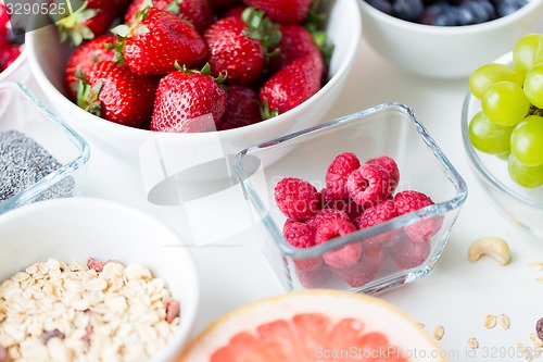 Image of close up of fruits and berries in bowl on table