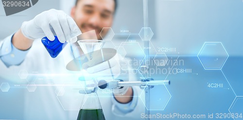 Image of close up of scientist with test tubes and funnel