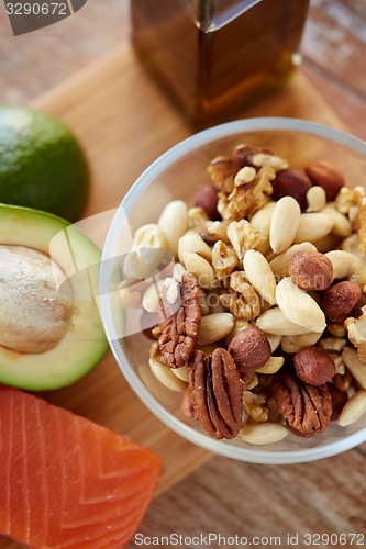 Image of close up of nut mix in glass bowl on table