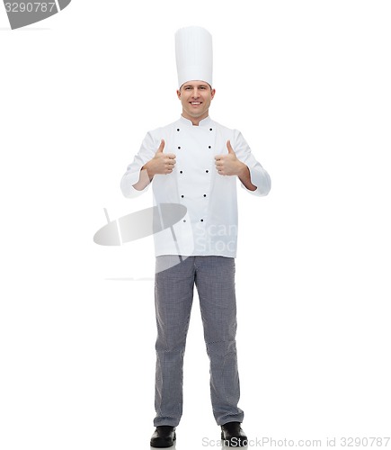 Image of happy male chef cook showing thumbs up