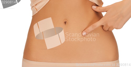 Image of woman pointing finger to belly