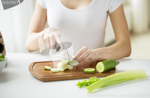 Image of close up of woman chopping green vegetables