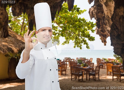 Image of happy male chef cook showing ok sign