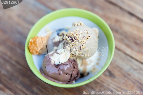 Image of close up of ice cream in bowl on table