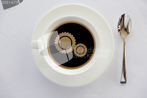 Image of cup of coffee with cogwheel symbol and spoon